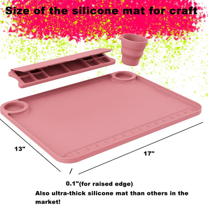 Svartur Silicone Art Mat - 17" X 13" With Cup and Palette, Raised Edge for Craft, Artist Creator Mat for Resin DIY, Coral Pink