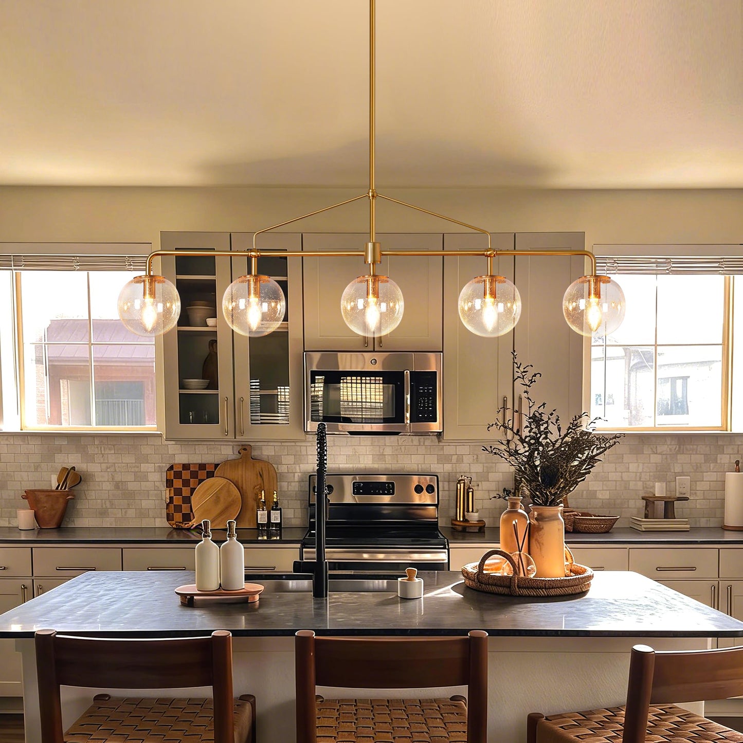Lzawvm Modern Linear Chandelier Gold 5 Light Dining Room Linear Chandelier with Seeded Glass Globe 39 Inch Kitchen Island Pendant Light Electroplated Copper Finish for Farmhouse Living Room
