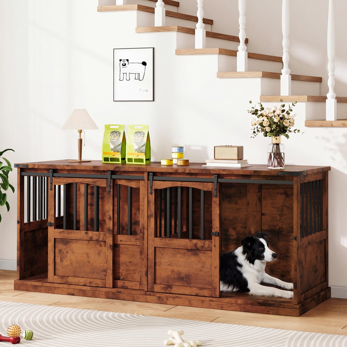 Homiflex 72" Double Dog Crate Furniture for 2 Medium Large Dogs Wooden Heavy Duty Dog Kennel Furniture with 2 Sliding Doors and Divider Decorative Dog Cage TV Stand End Table for Indoor, Brown