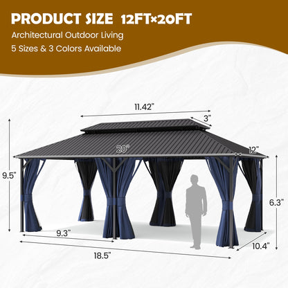 UDPATIO 12'x20' Hardtop Gazebo, Outdoor Metal Gazebo with Galvanized Steel Double Roof, Permanent Pavilion with Netting and Curtains for Lawn, Garden, Patio, Navy Blue
