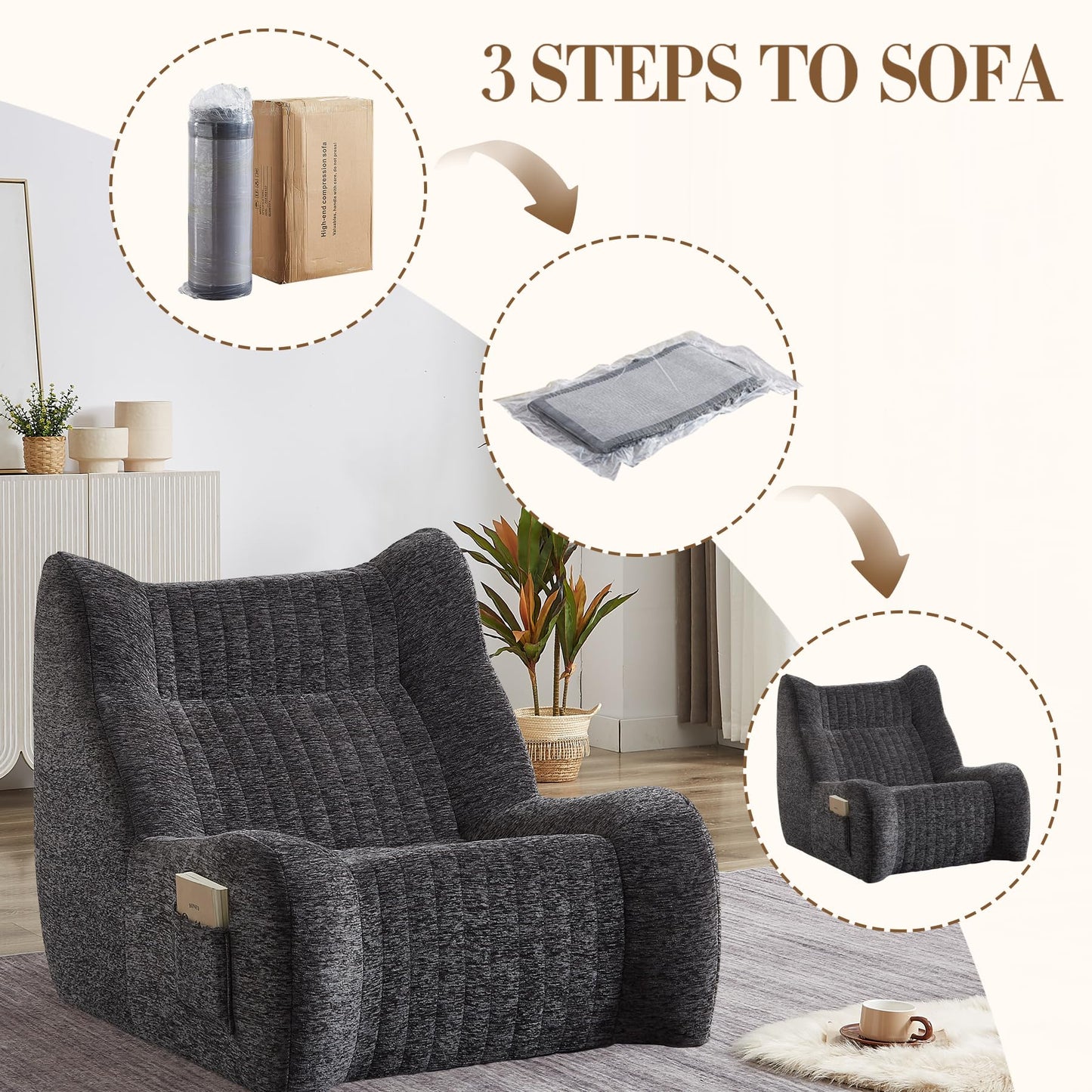Oversized Bean Bag Chair with Armrests for Adults,Chenille Lounger Filled High Resilience Foam,Lazy Floor Sofa Seat, Reading Gaming Accent Furniture Living Room Bedroom Office Dorm Apartment (Grey)