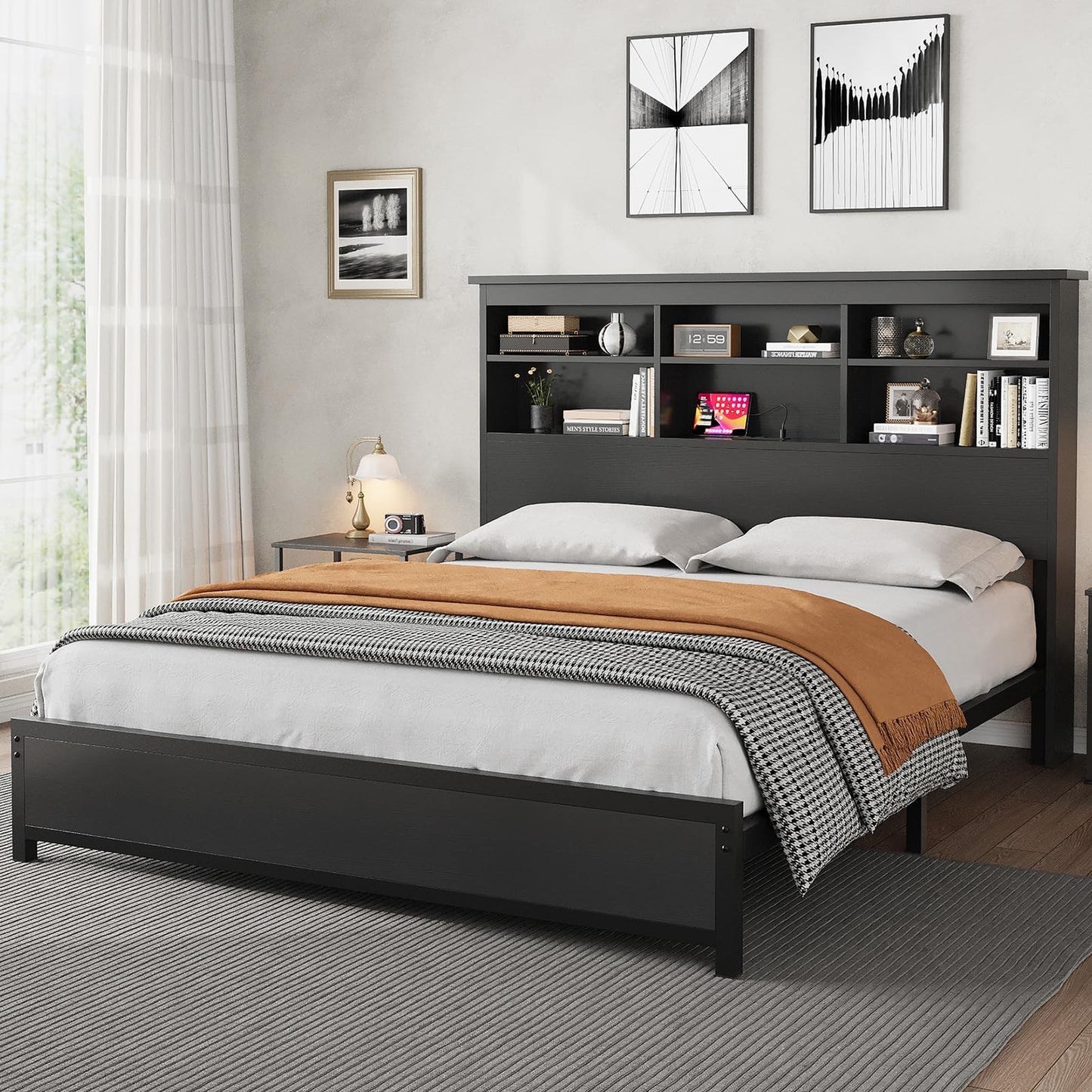 Garvee Queen Platform Bed Frame with Bookcase Headboard, Charging Station (USB & Type‑c), Tall Wooden Headboard, 9.6" Underbed Storage, No Box Spring Needed, Black