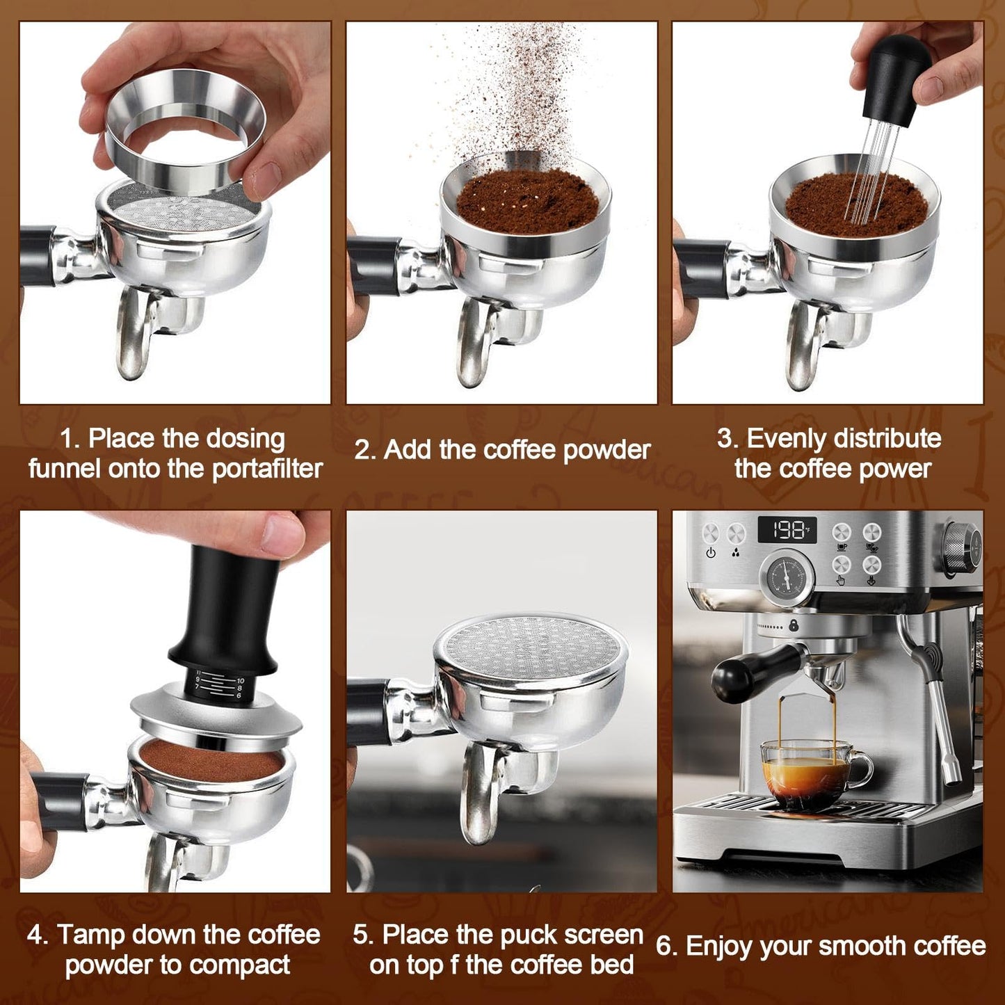 Acellegic 5 Pcs 51mm Espresso Accessories Kit, 3kg/0.1g Accurate Coffee Scale with Timer, Coffee Distributor Spring Loaded Calibrated Tamper WDT Tool and Dosing Funnel Set Fits 51mm Espresso Machines