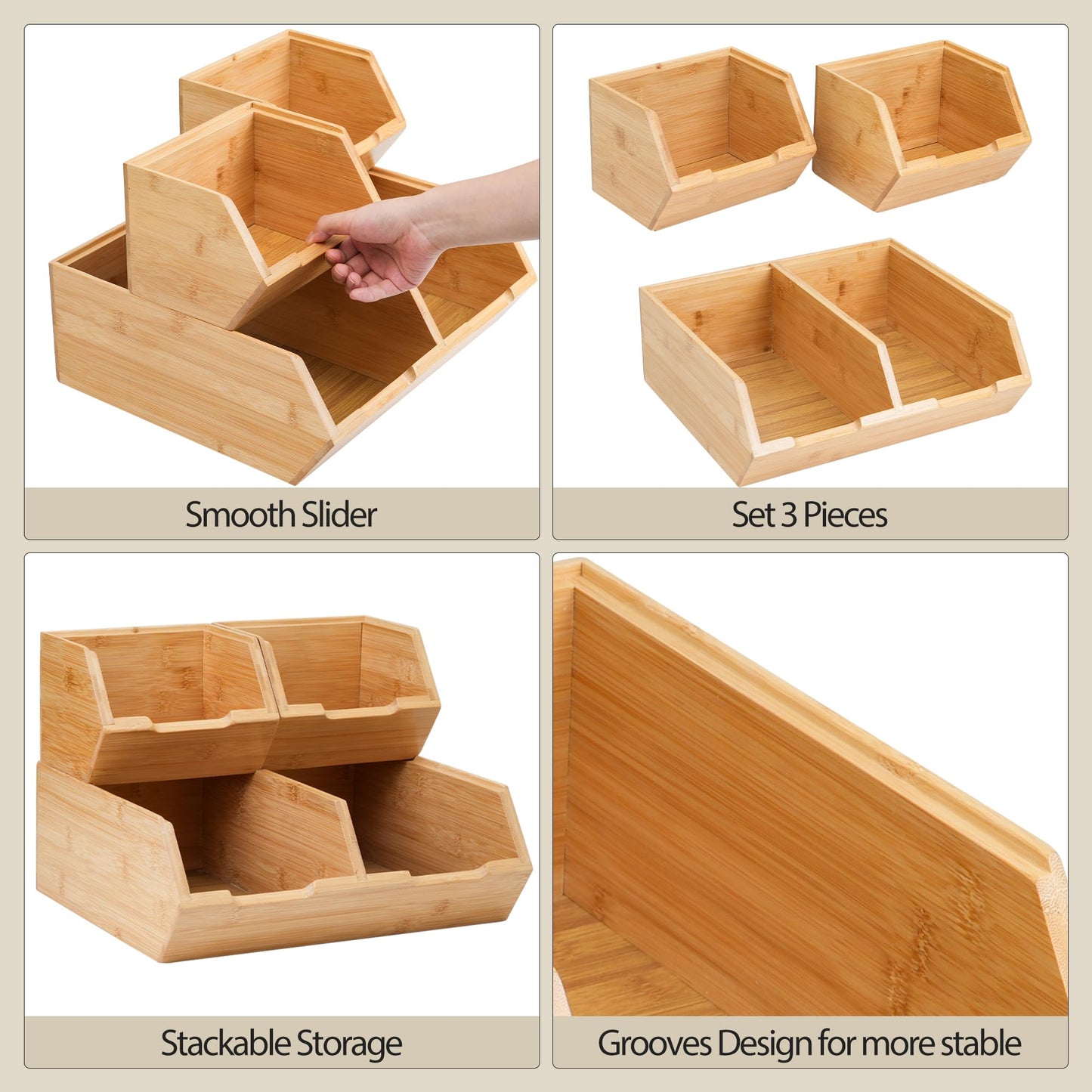 WRONWA 3 Pack Stackable Bamboo Potato Onion Storage Bins - Pantry Organizers for Kitchen Countertop, Ventilated Food Storage Containers for Fruits Vegetables