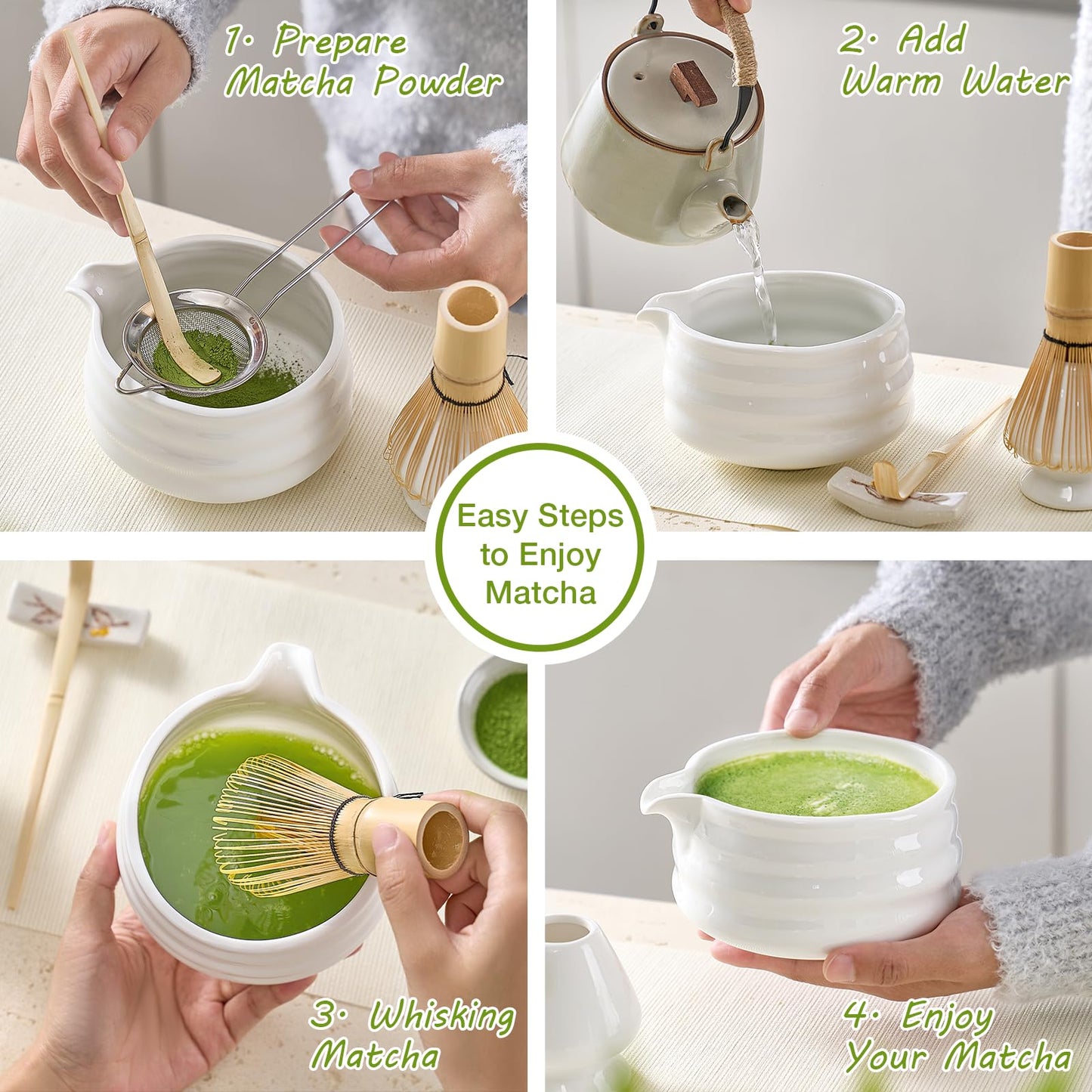 Matcha Whisk Set, Japanese Tea Set (5pcs) includes Matcha Bowl with Spout (19 oz), Bamboo Whisk and Matcha Scoop, Whisk Holder, Stainless Steel Sifter, Tea Making Tools, Matcha Kit