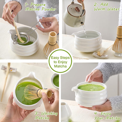 Matcha Whisk Set, Japanese Tea Set (5pcs) includes Matcha Bowl with Spout (19 oz), Bamboo Whisk and Matcha Scoop, Whisk Holder, Stainless Steel Sifter, Tea Making Tools, Matcha Kit