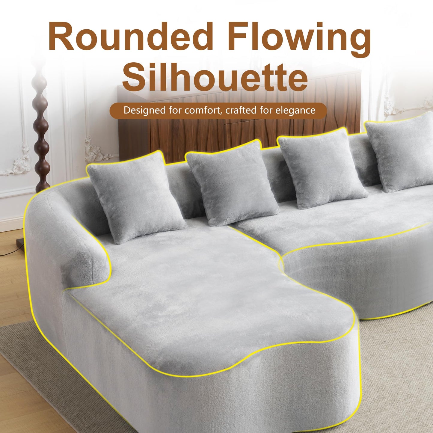104.7” Cloud Sectional Sofa with Chaise Lounge, Boneless Curved Couch, Deep Seat Chenille Fabric Oversized Modern Sofa for Apartment Living Room