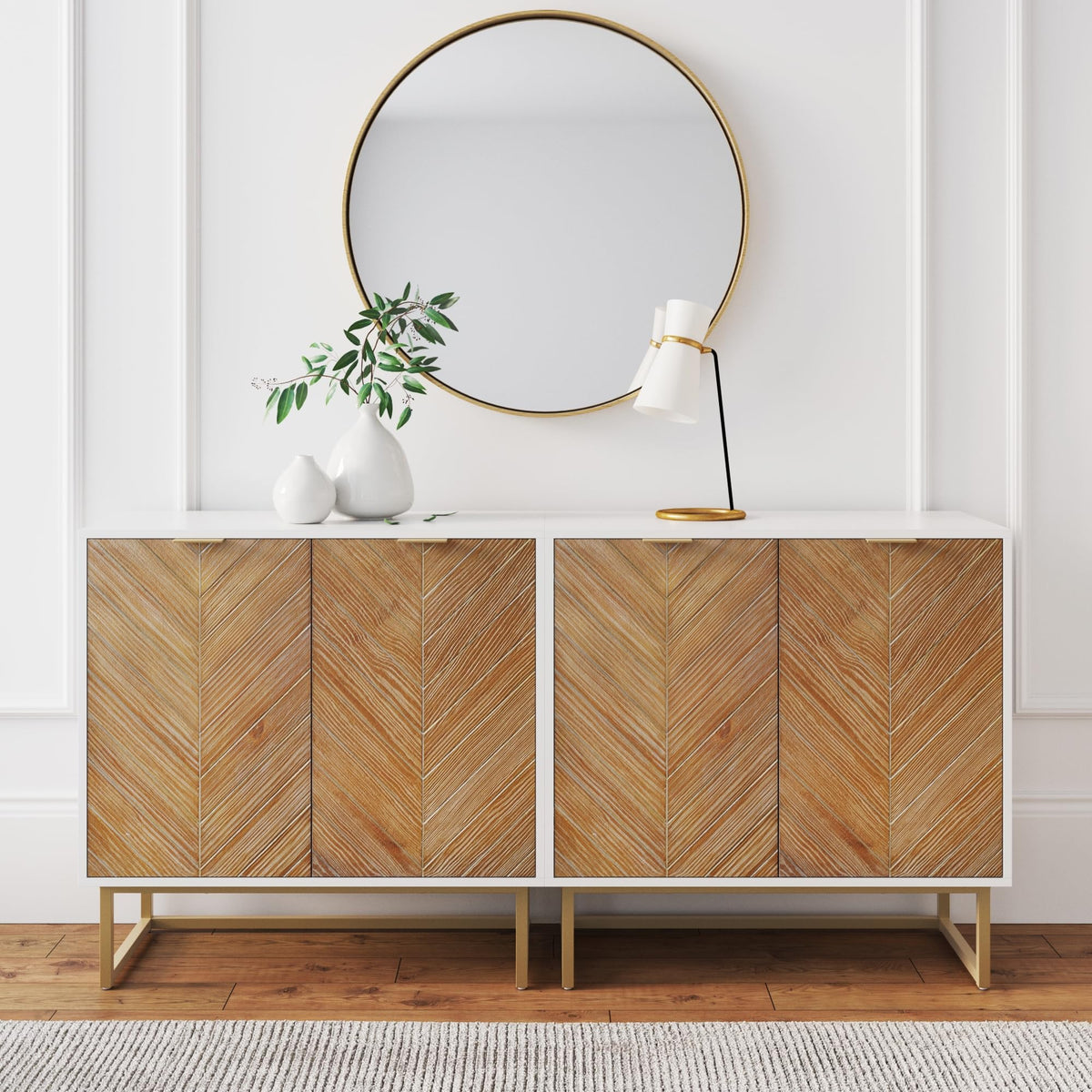 Nathan James Enloe Modern Storage Free Standing Accent Cabinet TV Stand with Doors in a Rustic Pine Wood Finish and Gold Metal Base for Hallway, Entryway or Living Room, Brown/White/Gold, Set of 2