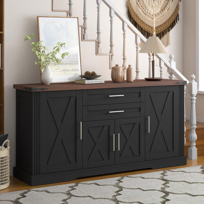 KEIKI 63" Farmhouse Barn Door Sideboard Buffet Cabinet with Storage – 2 Drawers, Adjustable Shelves, Door Rack, Kitchen Buffet, Large Sideboard Buffet Cabinet, Cabinet for Dishes, Black