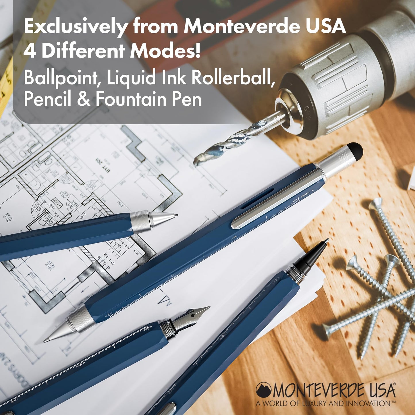 Monteverde USA 9-in-1 Tool Ballpoint Pen in Blue – Multifunctional Pen with Stylus, Screwdrivers, Level, and Ruler – Exclusive Collection, Ideal Gift for Professionals