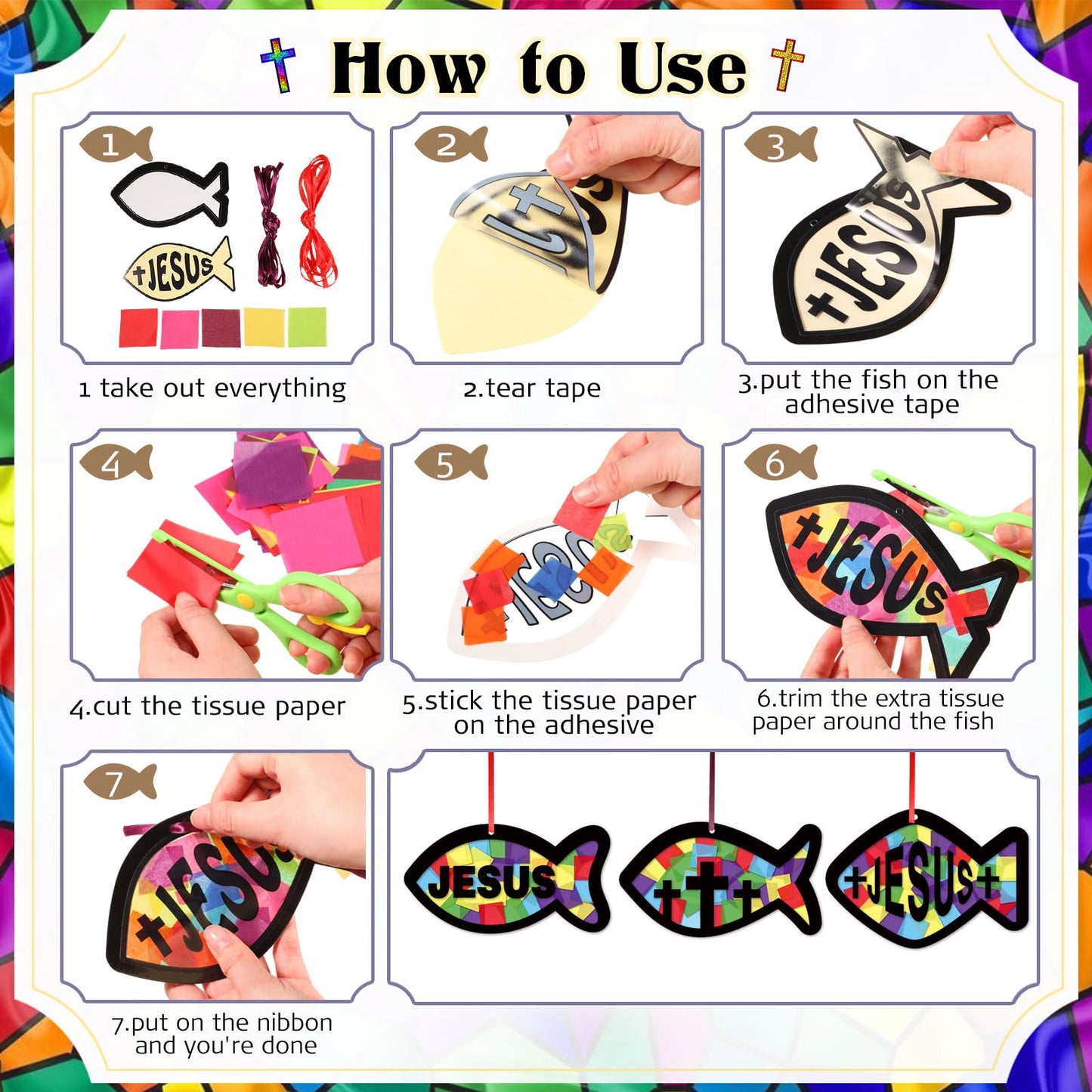 Funrous 32 Set Faith Fish Suncatcher Crafts Kit DIY Easter Christain Cross Crafts with Tissue Paper Religious Sun Catcher Ornaments Church Sunday School VBS Classroom Activities Window Decor Supplies