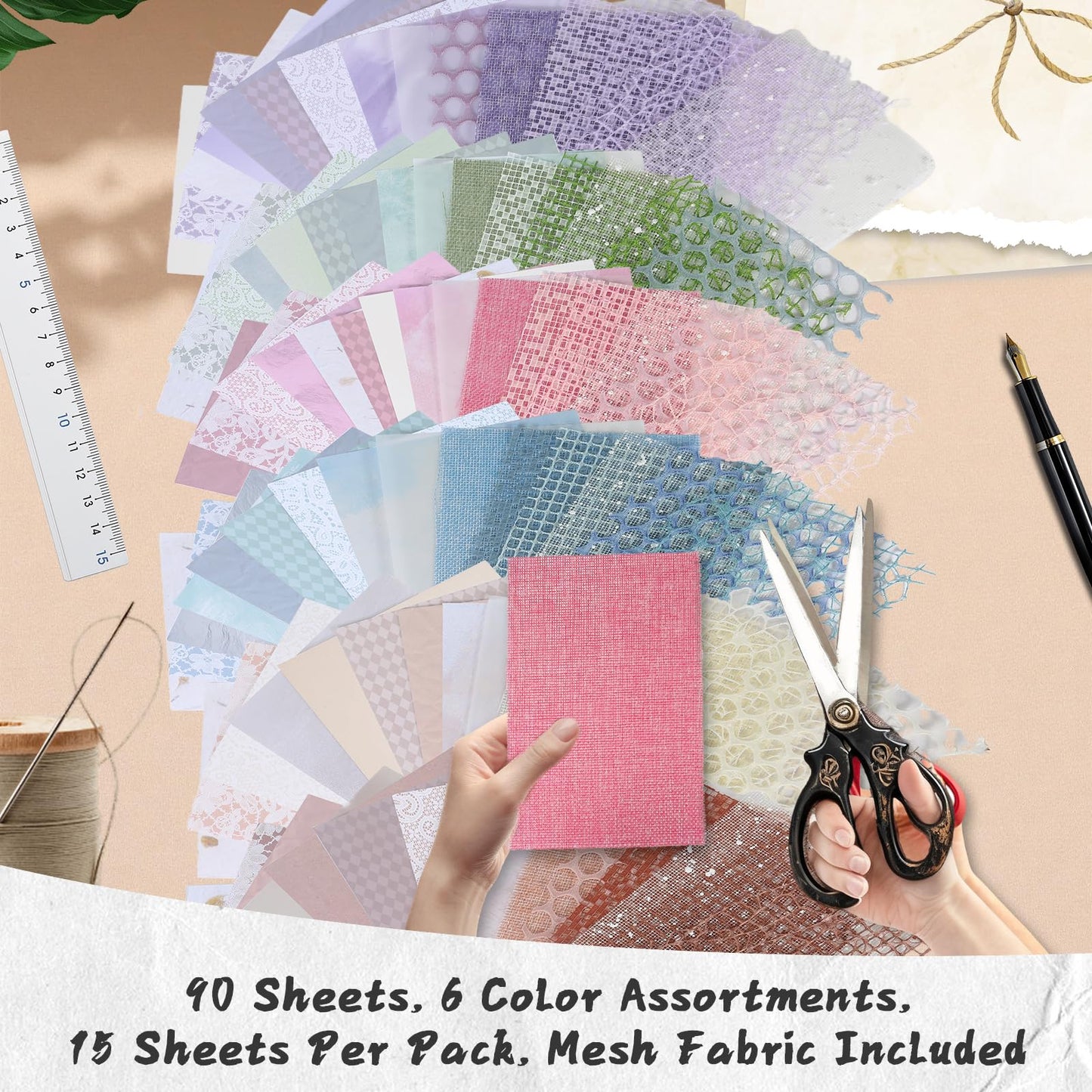 90 Sheets Textured Scrapbook Paper with Decor Mesh Fabric Creative Kit - 6 Pack Mixed Media Papers for Craft, Scrapbooking, Junk Journal, Card Making, Collage Art Supplies, 5.1 x 7 Inches