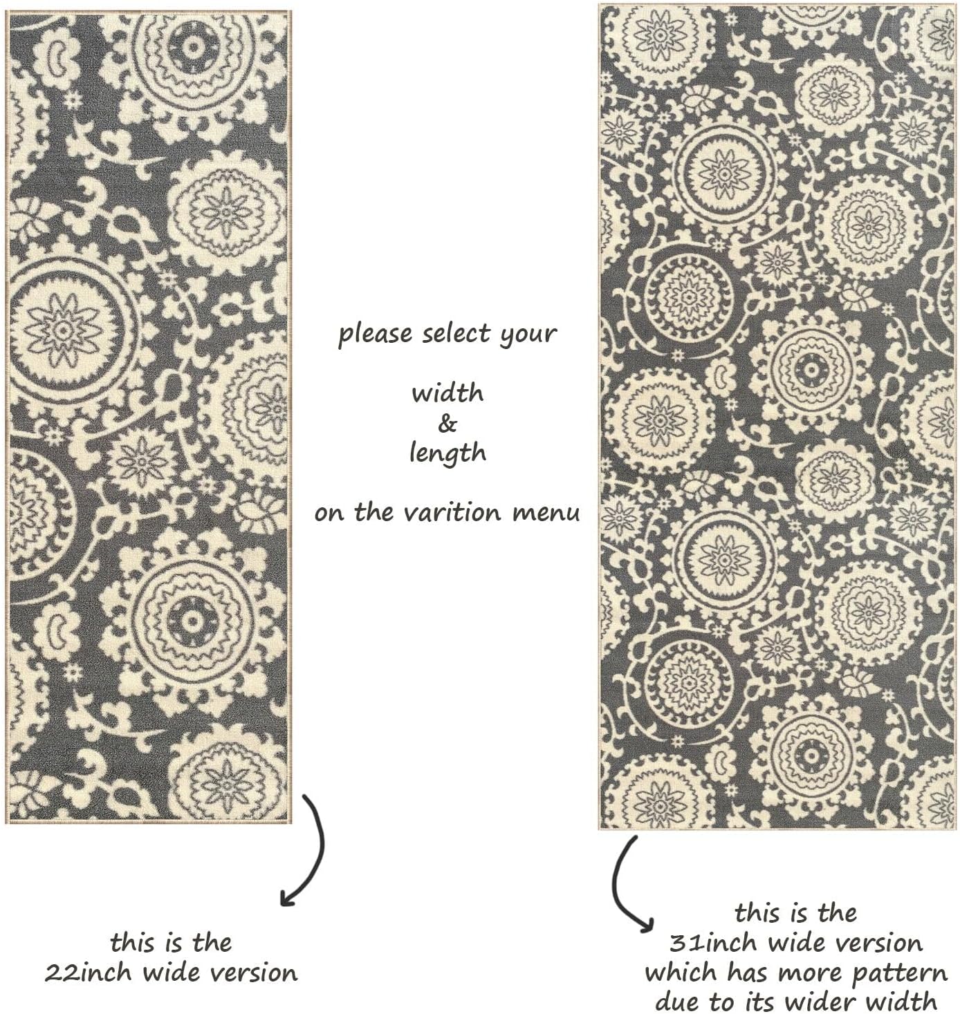Custom Size Grey Floral Medallion Rubber Backed Non-Slip Hallway Stair Runner Rug, 22 inch Wide