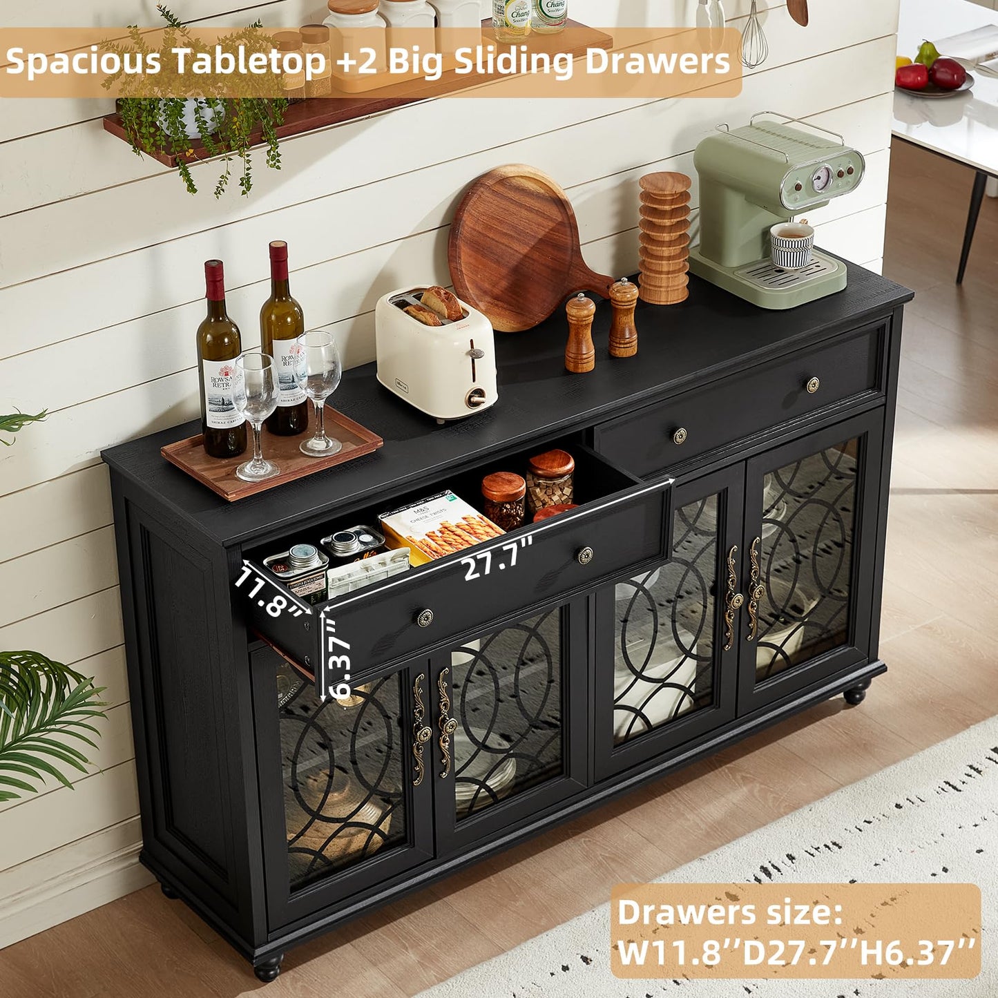 Joaxswe Farmhouse Sideboard Buffet Cabinet with Storage,59" Large Credenza with 4 Glass Doors & 2 Drawers,Adjustable Shelves Console Table,Wood Kitchen Coffee Bar for Dining Room,Living Room,Black