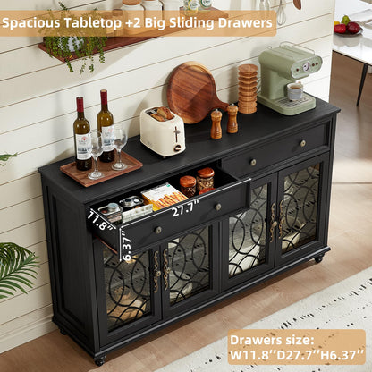 Joaxswe Farmhouse Sideboard Buffet Cabinet with Storage,59" Large Credenza with 4 Glass Doors & 2 Drawers,Adjustable Shelves Console Table,Wood Kitchen Coffee Bar for Dining Room,Living Room,Black