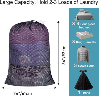 Polecasa Heavy Duty Large Mesh Laundry Bags, 2 Pack with ID Tag and Locking Drawstring Closure (Black)
