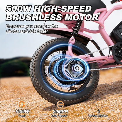 VDL Mountain Electric Bike for Teenager, 16" Fat Tire Ebike, Wider Seat 800W Peak Motor, Removable Battery, Front Fork Suspension, 20MPH, UP to 35 Miles Mountain Ebike, Black-Pink