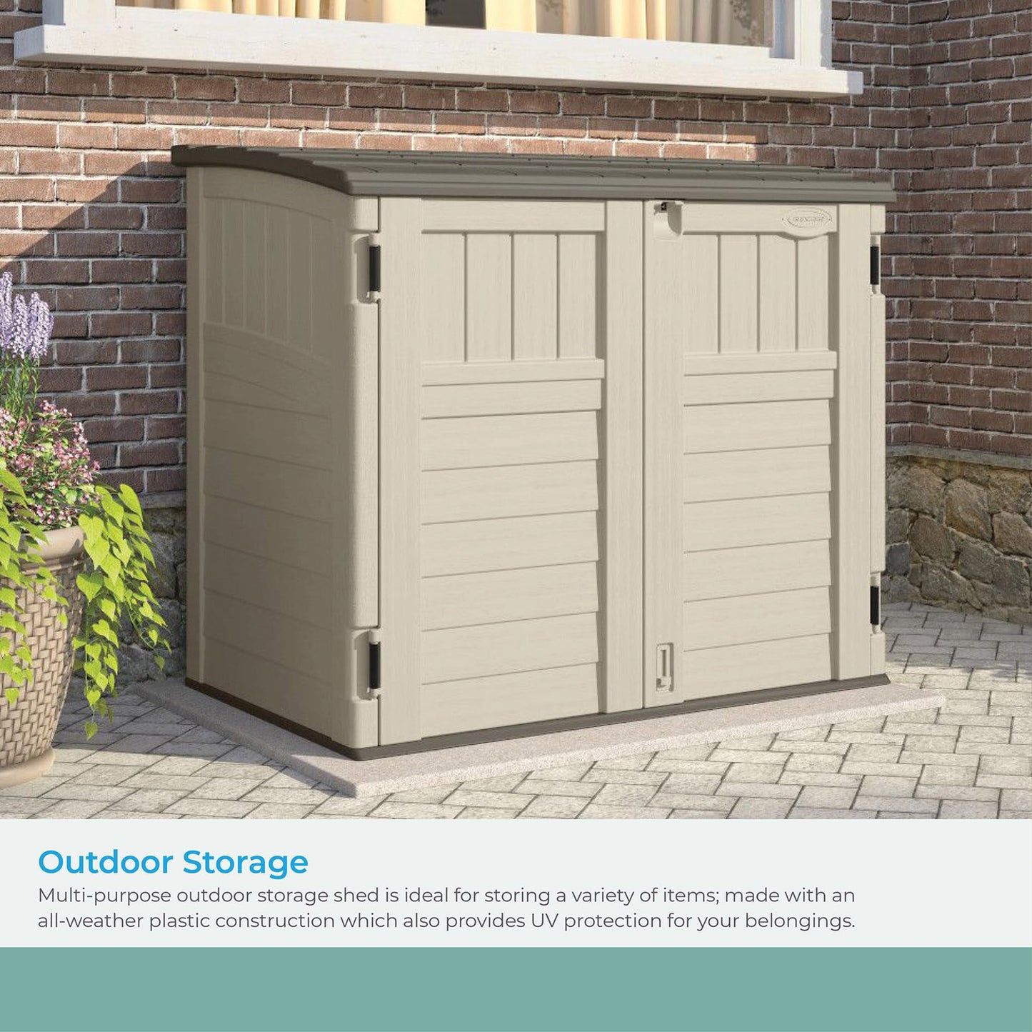 Suncast 34 Cu Ft Horizontal Resin Storage Shed - Outdoor Storage Shed with Floor Included, Lockable, Weatherproof, Fits Small to Medium Trash Cans, Generators, & Garden Tools, Vanilla Stoney