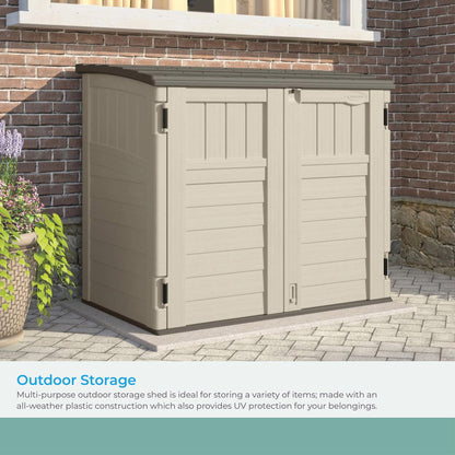 Suncast 34 Cu Ft Horizontal Resin Storage Shed - Outdoor Storage Shed with Floor Included, Lockable, Weatherproof, Fits Small to Medium Trash Cans, Generators, & Garden Tools, Vanilla Stoney