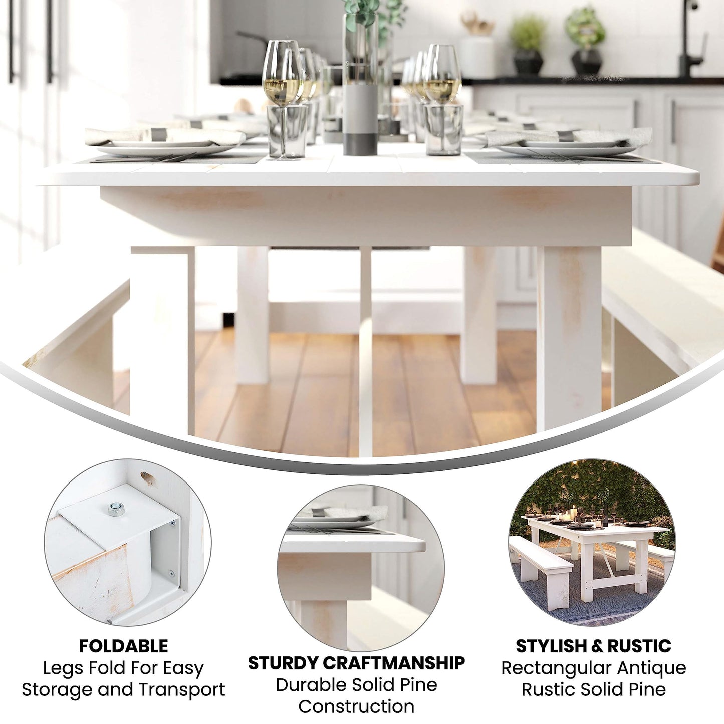 Flash Furniture Hercules Commercial Grade Farmhouse Dining Table | Solid Pine Foldable Table for 10 in Antique Rustic White | Rustic Charm for Home and Events