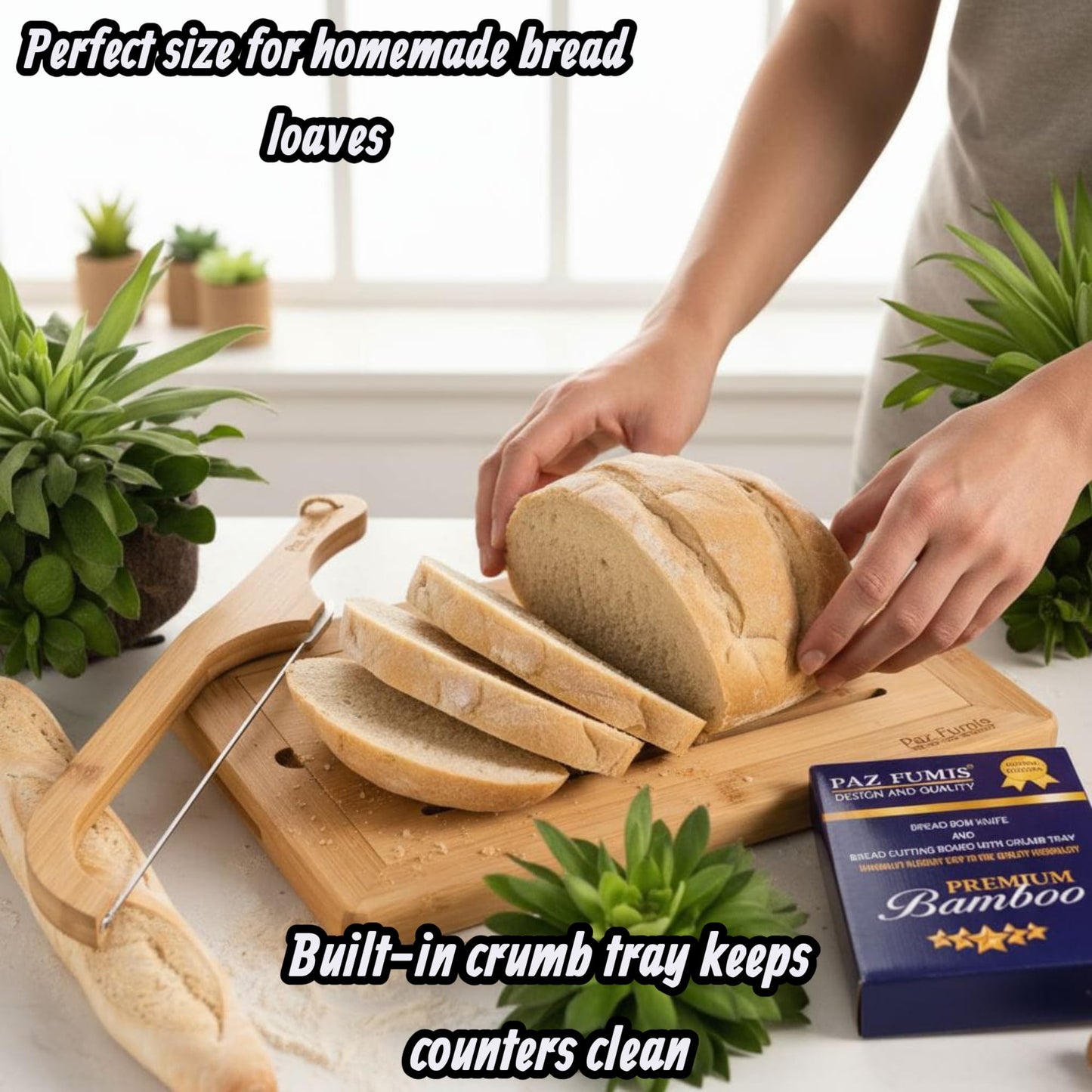 Bread Cutting Board, Bread slicer,Crumb Tray with holder,Bread Serving for Kitchen-Complete set for Slicing Homemade Bread- bow knife (16") Cutting Board (15x9,5") with Crumb