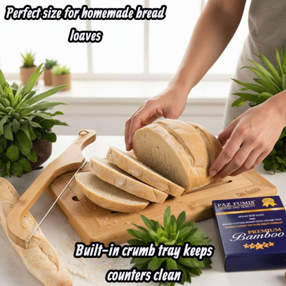 Bread Cutting Board, Bread slicer,Crumb Tray with holder,Bread Serving for Kitchen-Complete set for Slicing Homemade Bread- bow knife (16") Cutting Board (15x9,5") with Crumb