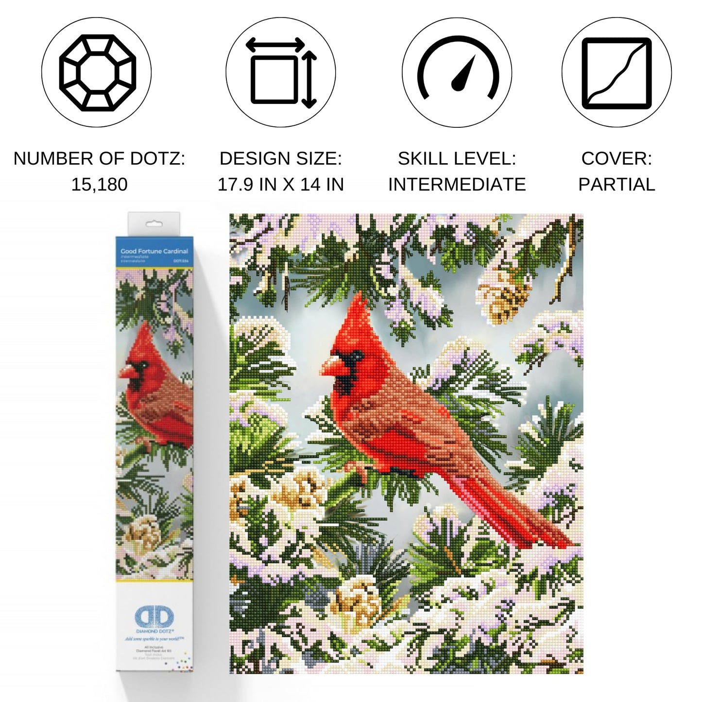 DIAMOND DOTZ Good Fortune Cardinal Diamond Painting Kits for Adults - Diamond Art Kits a Relaxing Creative Craft Kit with Dotz Gems 17.9x14