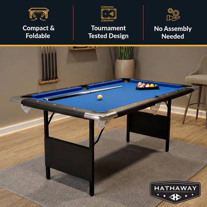 Hathaway Fairmont Portable 6-Ft Pool Table for Families with Easy Folding for Storage, Includes Balls, Cues, Chalk, Blue