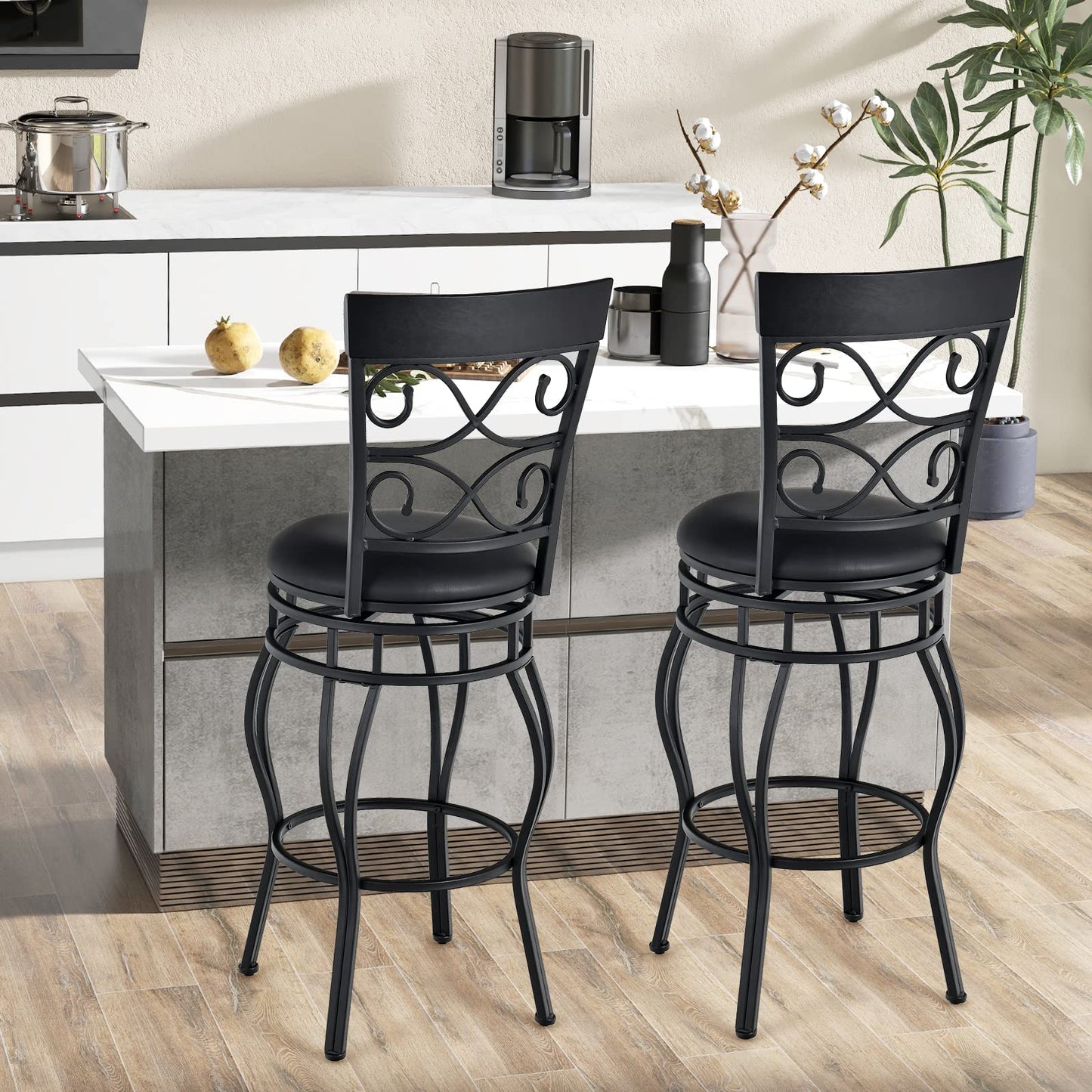 COSTWAY Bar Stools Set of 4, 360 Degree Swivel, 30" Bar Height Bar stools, with Leather Padded Seat Bistro Metal Vintage Chairs with Back for Kitchen Island, Pub (Set of 4)