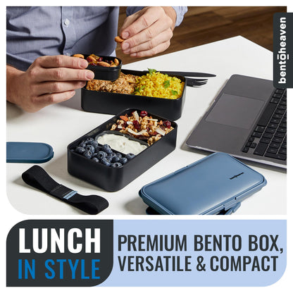 Bentoheaven Premium Bento Box Adult Lunch Box with Compartments for Women & Men, Set of Utensil & Chopsticks & Dip Container, Cute Japanese Kids Bento Lunch Box, Microwavable (Steel My Heart)
