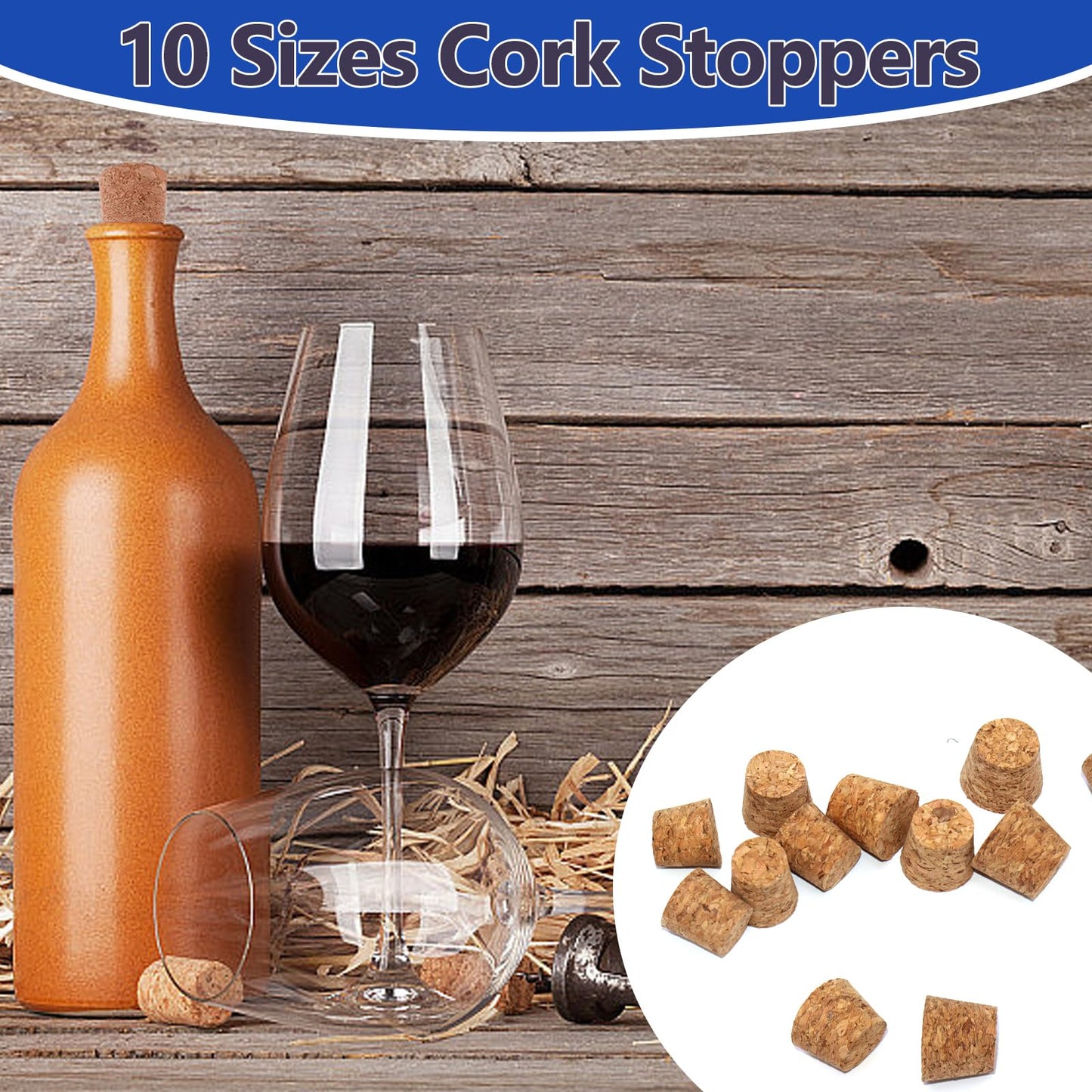 Klfte 100Pack 10 Sizes Cork Stoppers,Small Corks Plugs For Bottles, Replacement Tapered Wooden Wine Stoppers for Apothecary Jar Small Bottle DIY