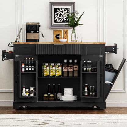 Ball & Cast Fluted Kitchen Island with Trash Can Storage Cabinet,Power Outlet,Internal Storage Rack,Rolling Kitchen Islands On 5 Wheels W/3 Drawers & 3 Open Side Racks for 10 Gallon Garbage Bin,Black