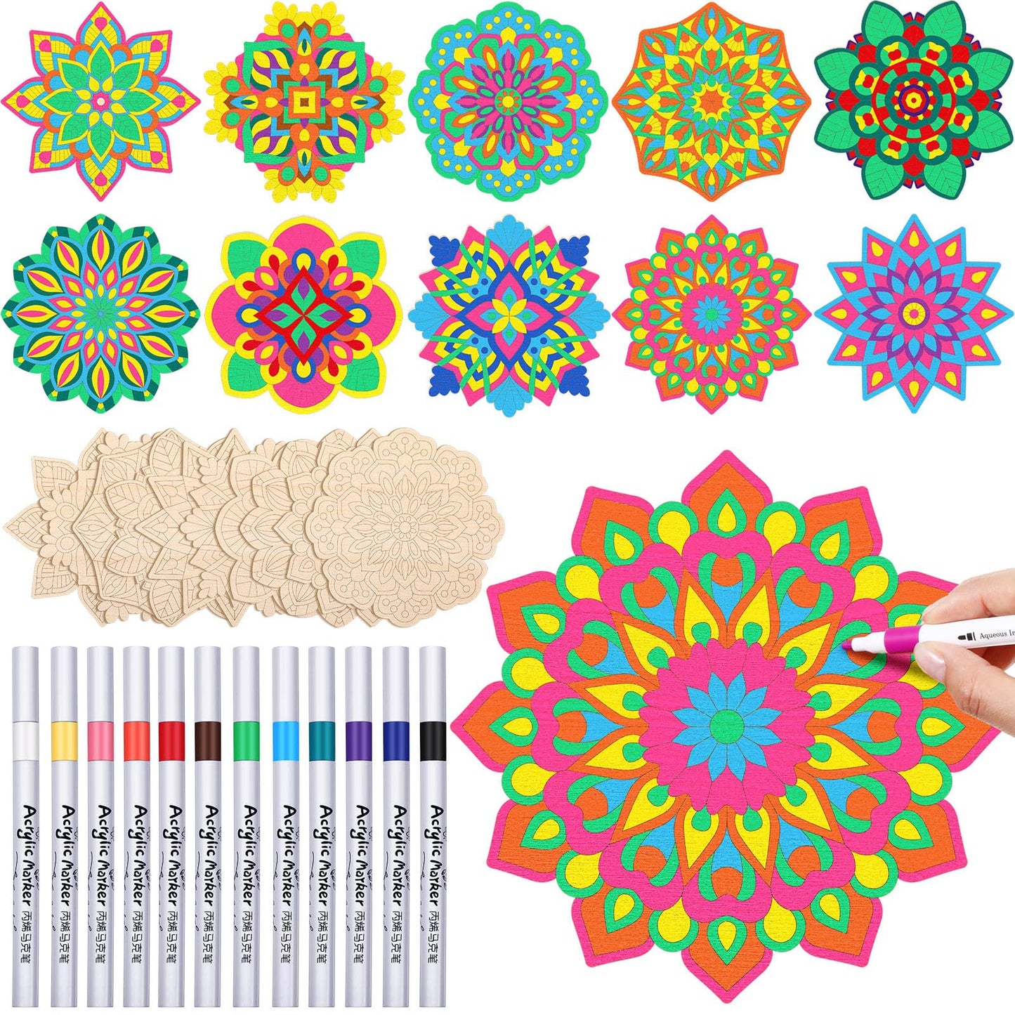 Vercraft 22 Pack DIY Wooden Mandala Art Set Diwali Crafts 10 Mandala Unfinished Wood Cutouts 12 Markers Lotus Flower Wood Painting Kits for Adults Painting, DIY Crafts Home Decors(Floral Style)