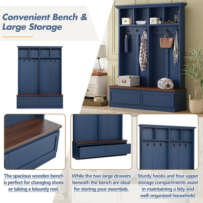 Merax Wood Hall Tree with 6 Hooks & Entryway Bench, Farmhouse Mudroom Versatile Coat Racks with 2 Large Drawers, Entrance Organizer for Hallway, Blue