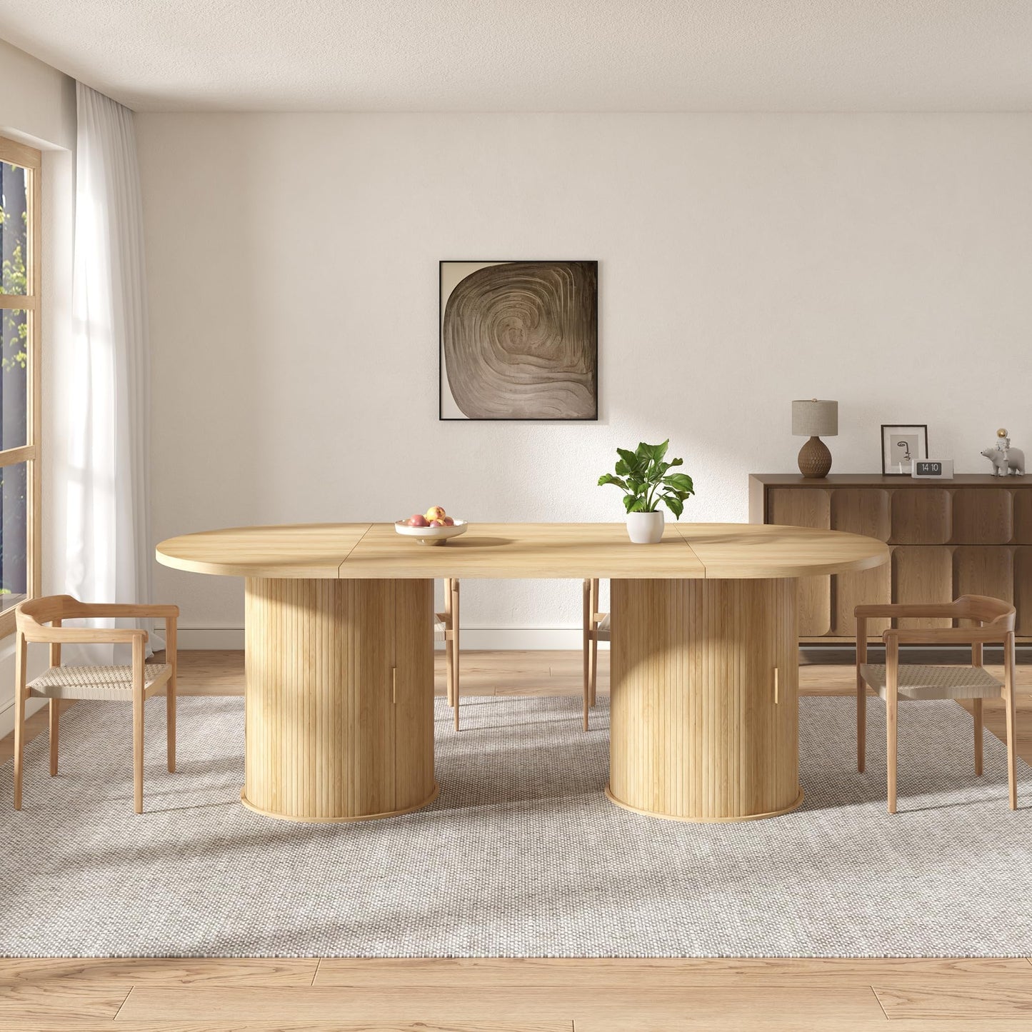 AMERLIFE 86.6" Modern Oval Dining Table with Hidden Storage, Extra Long Wooden Dining Room Table with Cylindrical Fluted Base, Seats 6–8, Natural Wood