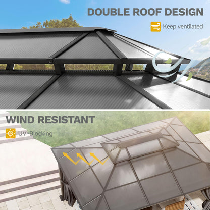 DWVO 10x12ft Gazebo Hardtop Double Roof Polycarbonate Canopy Outdoor with Netting and Shaded Curtains, Metal Frame Garden Tent for Patio, Backyard, Deck and Lawns, Gray