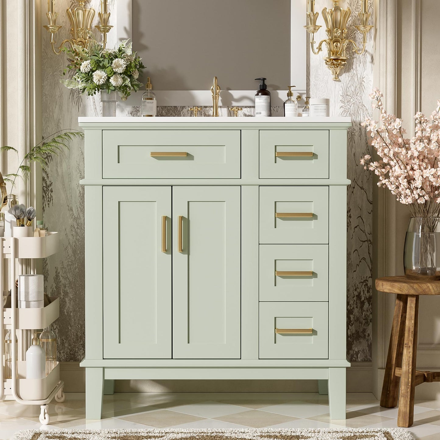 Favfurish 30" Bathroom Vanity with Ceramic Sink, Modern Storage Cabinet with Soft-Close Doors,Deep Drawer & Standard Drawer, Stylish Bath Vanity for Small Bathroom,Easy Assembly,Green