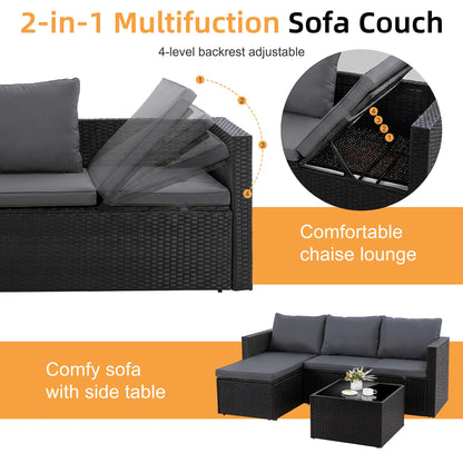 Shintenchi 4 Pieces Patio Furniture Sets, Outdoor Sofa Patio Sectional Sets All Weather, 2-in-1 Wicker Rattan Seating Sofa Couch with Cushions & Coffee Table for Yard, Garden, Porch, Poolside (Gray)