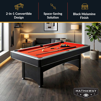 Hathaway Maverick 7 Foot Pool Table with Table Tennis Top – With Accessories for Both Games – Space-Saving Ping Pong and Pool Table Combo for Families – Matte Black Finish, Red Felt