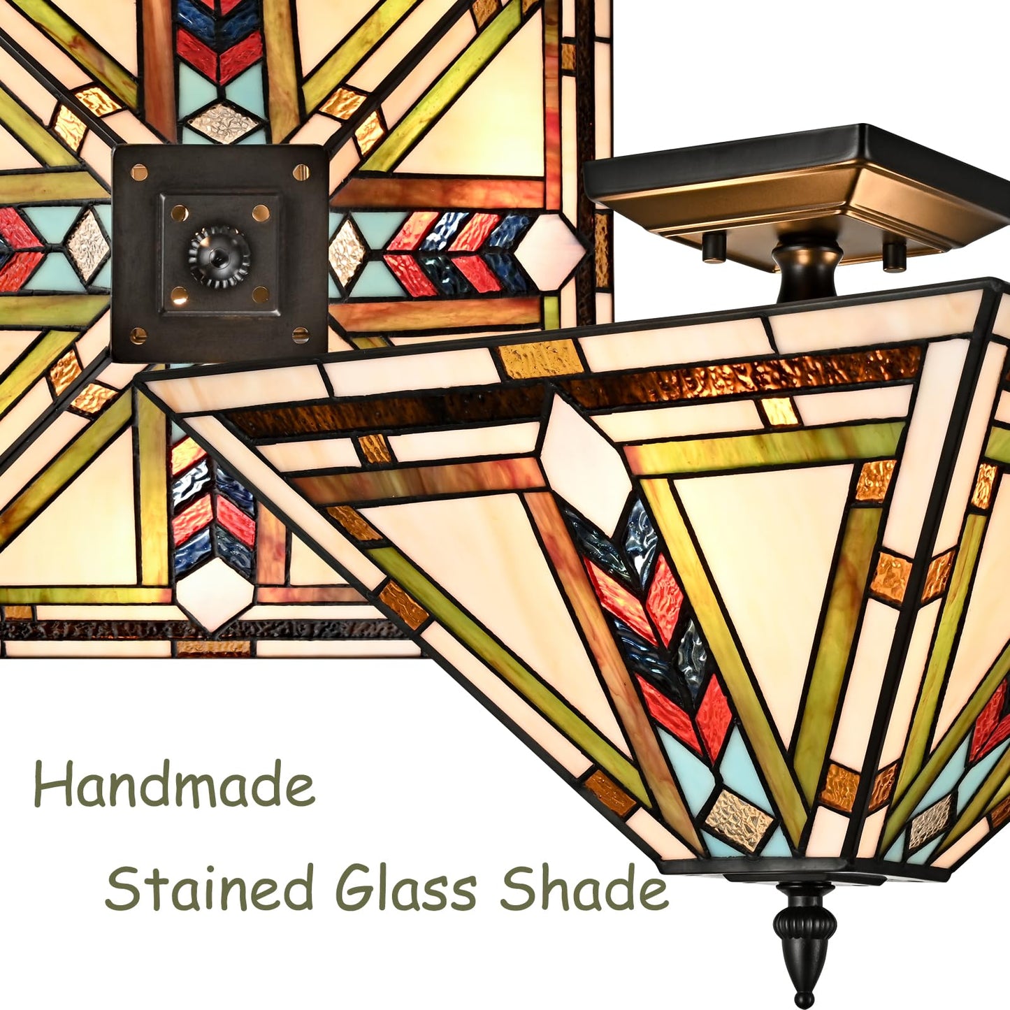 DANSEER Stained Glass Ceiling Light 3-Light Tiffany Style Semi Flush Mount Light Vintage Ceiling Light Fixture with Glass Copper Shade for Hallway Bedroom Living Room Entryway