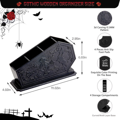 Gothic Coffin Decor Makeup Brush Holder,Spooky Witchy Gifts for Women,Bat Cosmetic Display Cases,Cross Goth Decor Pen Holder, Vanity, Desk, Office Organizer for Christmas Bedroom Bathroom,Black