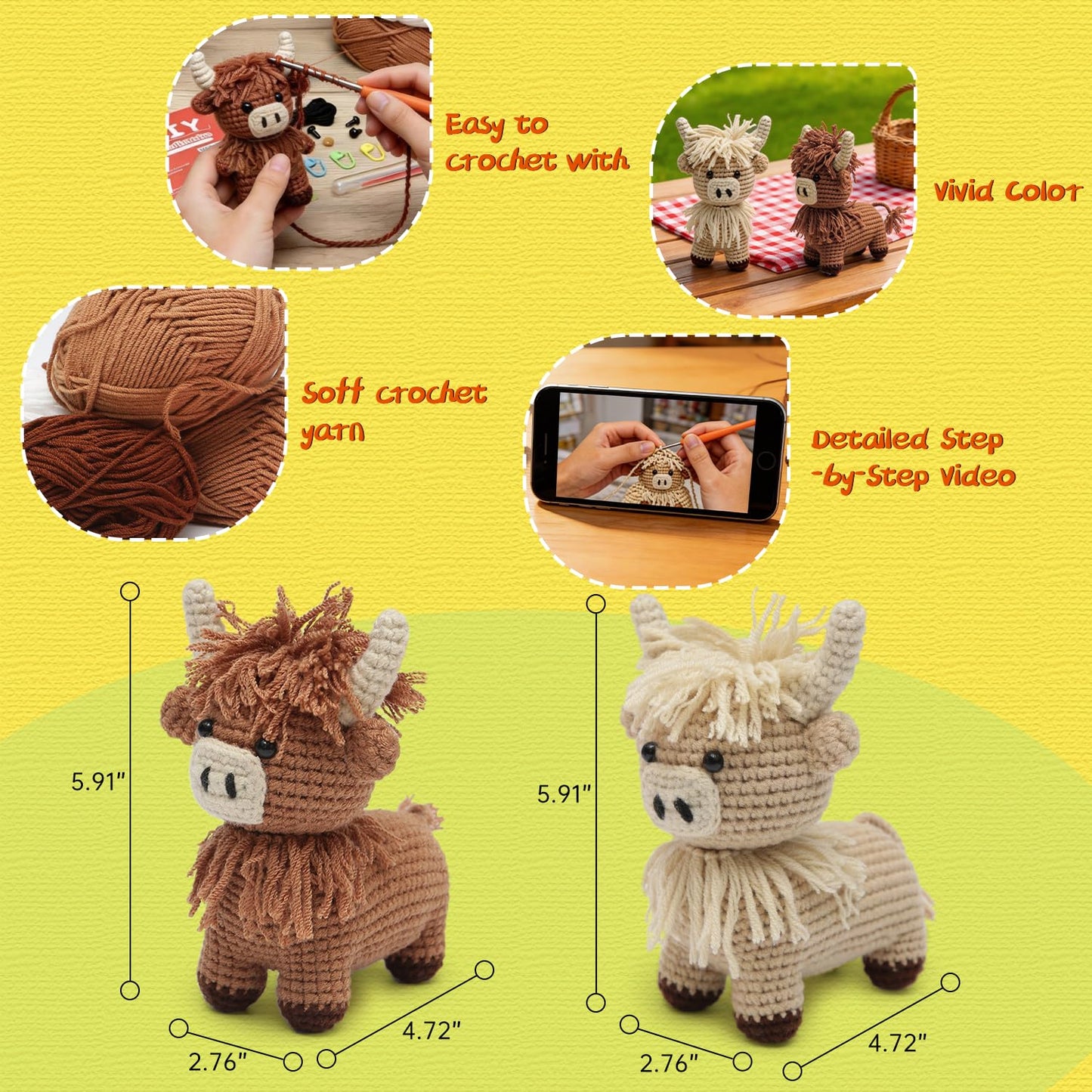 GONELYON Crochet Kit for Beginners, 2 PCS Crochet Animal Kit Highland Cattle, with Step-by-Step Video Tutorials, Beginner Crochet Kit for Adults, DIY Amigurumi Animal Craft Kit