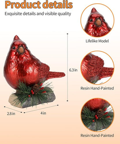 iStatue Red Cardinal Bird Figurines - Set of 2 Realistic 6.3'' Resin Statues for Holiday Home Decor