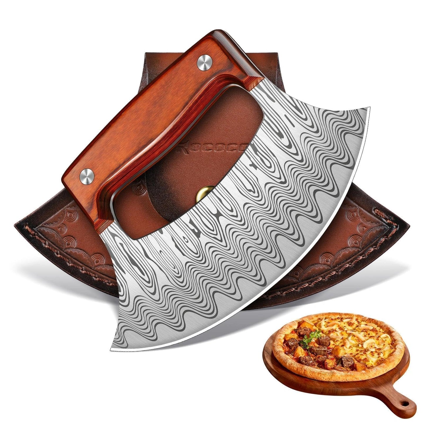 ROCOCO Pizza Cutter Ulu Knife – Full Tang Mezzaluna Rocker Chopper with Sheath for Kitchen, Camping, BBQ, Gifts for Men Women