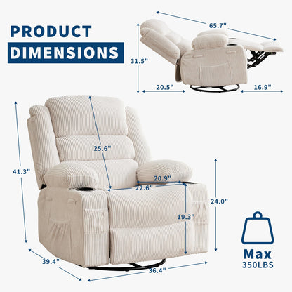 Rocking Recliner Chair for Adults Wide 360° Swivel Rocker Recliner with Cup Holder Nursery Glider with Upholstered Deep Seat Corduroy Lazy boy Chair for Living Room Beige