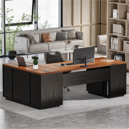 LITTLE TREE 87-Inch Modern Executive Desk with File Cabinet, Large Home Office Desk with Drawers, 3-Drawer Wooden File Cabinet, Spacious Workstation for Home Office (Brown & Black)