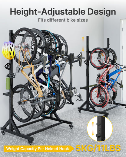 monTEK Freestanding Bike Storage Rack for 5 Bikes, Heavy Duty 350LBS Vertical Bike Stand with 5 Bike Hooks & 6 Helmet Hooks, Indoor and Outdoor Bike Storage Rack with Locking Casters