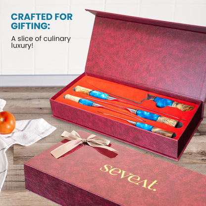Seveat Damascus Kitchen Knife Set | 67-Layer Damascus Steel | Professional Japanese Chef Knife Set | Ergonomic Wood & Resin Handle | Gift Box Included (Blue, 5-Piece Set)