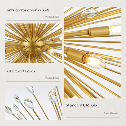 Aol furin 18-Light Gold Sputnik Chandeliers, 41" Starburst Firework Pendant Light fixtures, Mid-Century Modern Satellite Ceiling Lights for Dining Room, Kitchen, Bedroom, Living Room, E12