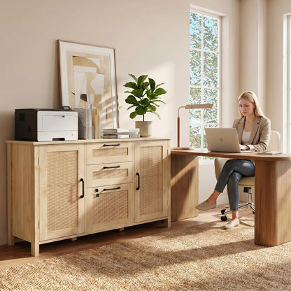 HOPUBUY 3 Drawer and 2 Doors File Cabinet with Lock, Printer Stand Lateral Filing Cabinets for Home Office and School, Wood Rattan File Cabinet for Hanging Files/Letter/Legal/A4/F4 Size, Natural Wood